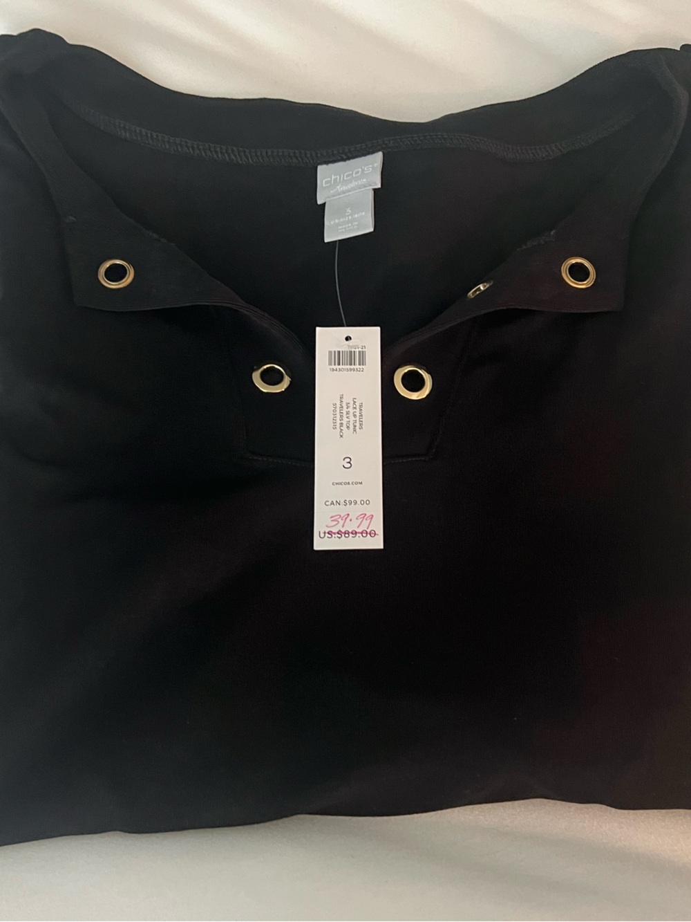 Chico's Travelers Lace-Up Tunic blouse in Black - Size 3